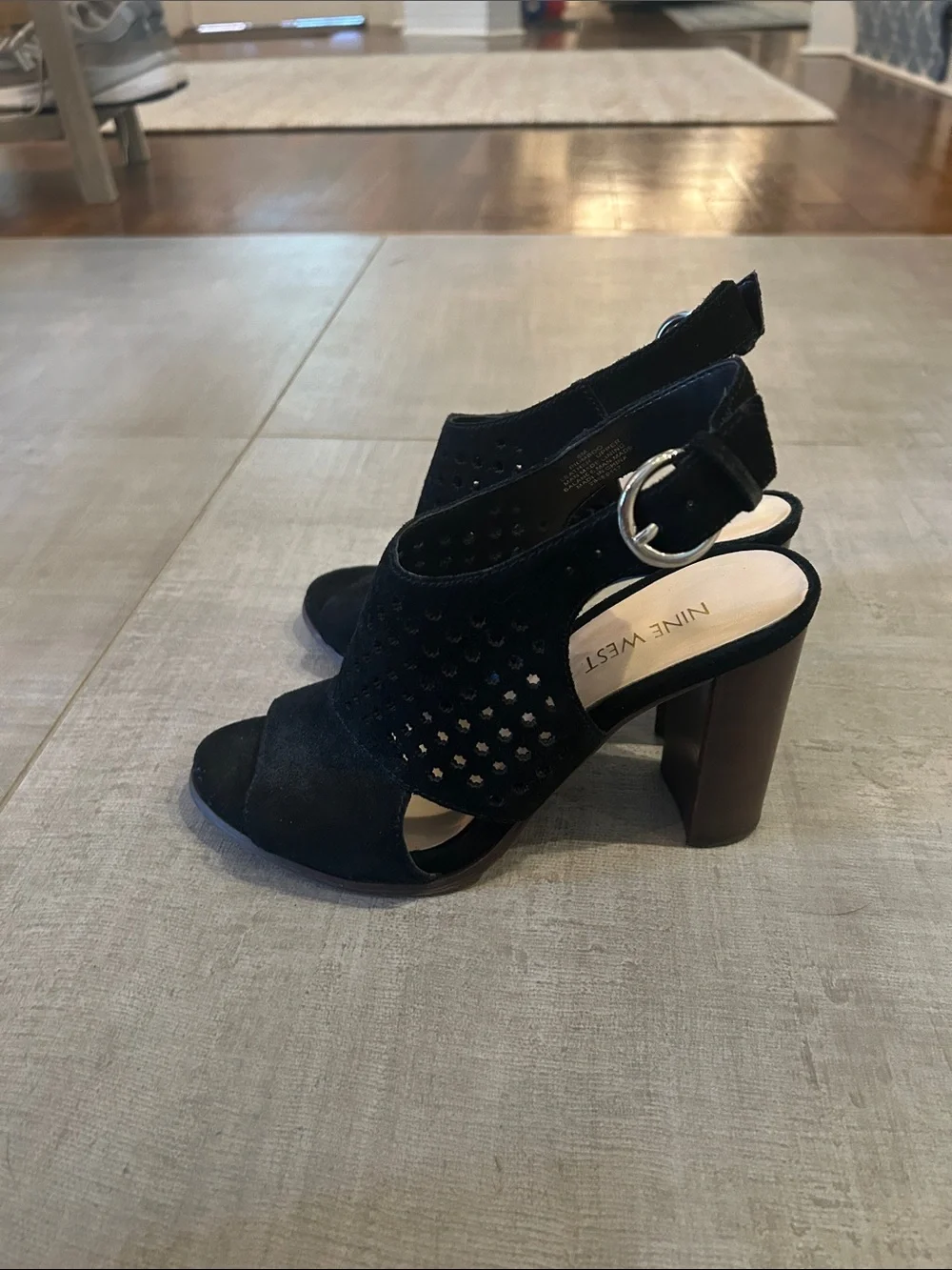 Nine West Black Perforated Suede Slingback Block Heels